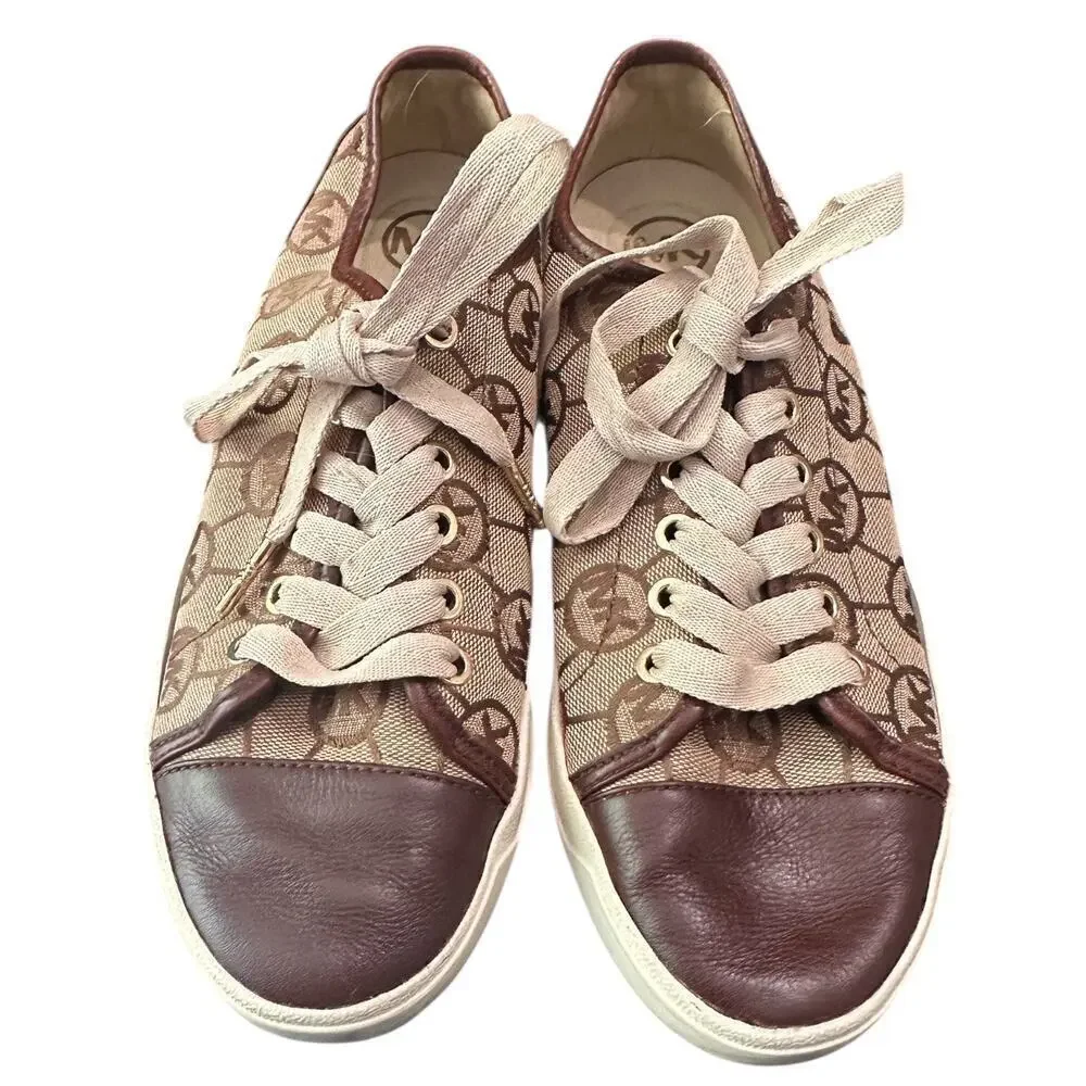 Michael Kors Logo Lace-Up Sneakers Brown Monogram Canvas Size 8M